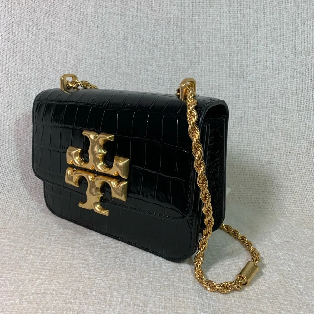 Tory Burch Black Croc-Embossed Mini Shoulder Bag with Gold Logo